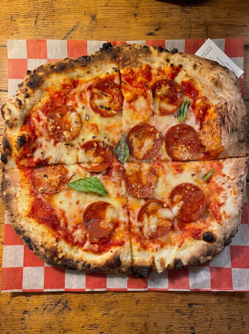 Sliced pepperoni pizza with melted cheese, tomato sauce, and fresh basil on checkered paper.