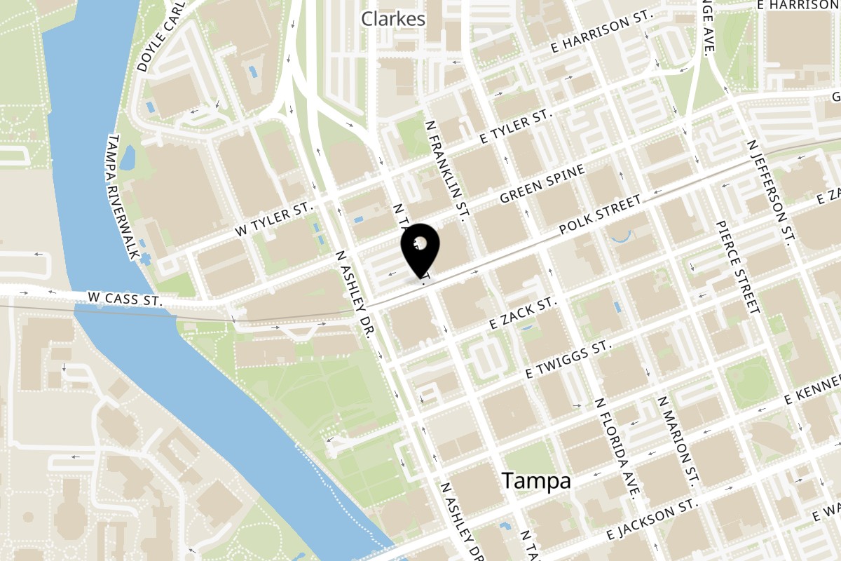 Map showing the location of Street Crust International Plaza Downtown - Food Truck on 796 N Tampa St in Tampa